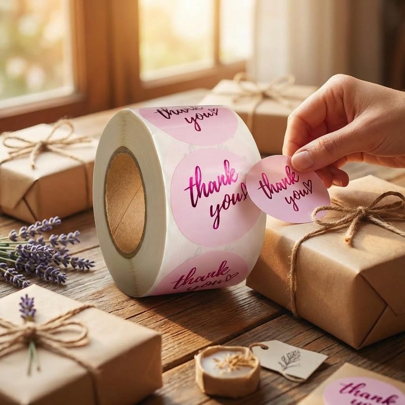 IBAKE 500 Pcs Thank You Stickers Roll – 1.5” Pink Round Labels with Purple Hot Stamping Foil Script & Heart Design, Elegant Small Business Packaging Stickers for Bags, Boxes, Envelopes & Party Favors - Image 4
